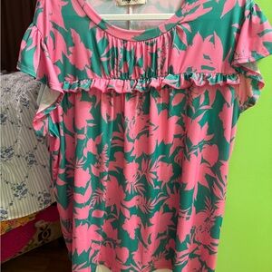 Floral Ruffle-Trim Blouse in Pink & Teal